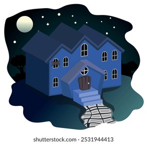 haunted house in isometric style, landscape with an abandoned house surrounded by tombs and trees. vector illustration.