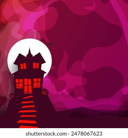 Casa encantada con jack-o-linternas en el fondo rosa de luna llena para la celebración de la fiesta de Halloween.