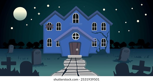 haunted house, landscape with an abandoned house surrounded by graves and trees. vector illustration in cartoon style.