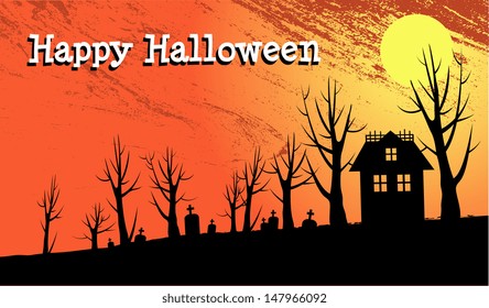 Haunted house landscape with moon and graves. EPS 10 (contains circular gradients)