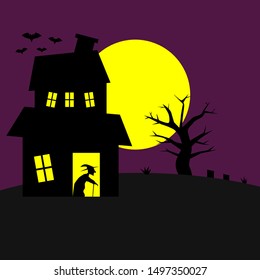 haunted house with lighting window in the dark night and a witch and flying bats. the big full moon on dark purple color background; happy Halloween night celebration concept. vector illustration