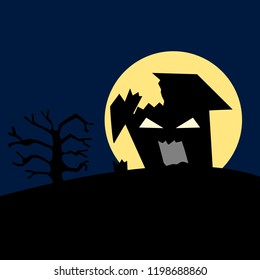 haunted house with lighting window in full moon night;  Halloween theme background. vector illustration.