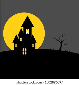 haunted house with lighting window and white cute ghost in the dark night and the full moon on dark grey color; happy Halloween night background concept. vector illustration