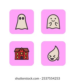 Haunted house line icon set. Ghost costume, ghost in anticipation, mysterious house, naughty ghost. Halloween concept. Vector illustration can be used for party, horror film, autumn celebration