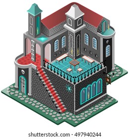 Haunted House. Mansion  in gothic style. Terrace with chess table, two tower and carpeted staircase. 3D isometric view. Vector illustration.