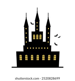 Haunted house or medieval Halloween castle with light in windows. Vector isolated gothic architecture. Flying scary bats and spooky atmosphere. Autumn holiday greeting or invitation card decor