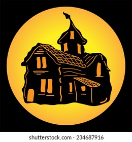 Haunted house model against a full moon
