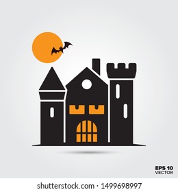 Häuser, Mond und Fledermäuse-Ikone. Herbstsaison und Halbzeitfeierensymbol. Spooky Cartoon Vektorgrafik.