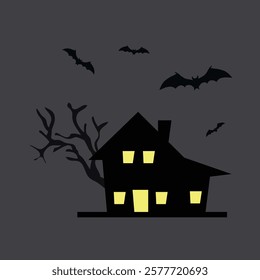  A haunted house at night with bats vector illustration. Halloween poster for book illustration, bag, placard, banner design.