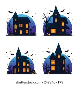 Haunted house at night, Happy Halloween sign or badge with tombstones, flying bats, trees and scary pumpkins