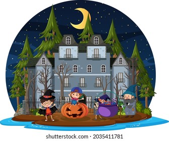 Haunted house at night scene illustration