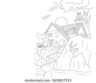 Haunted House Night Scene with Owl and Bats Outline. Spooky Coloring Page Illustration for Halloween Fun.