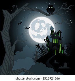 Haunted house on the background of the full moon.