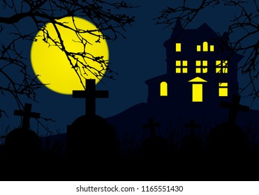 A haunted house on a hill above a graveyard with tombstones, horror blue sky and yellow full moon and dead branches of a tree - for Halloween Party Invitation, vector