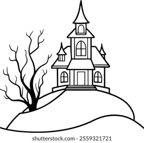 Haunted House on a Hill with Creepy Bare Trees Vector Illustration