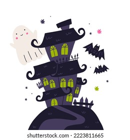 Haunted house on hill with flying cute ghost and bats, cartoon flat vector illustration isolated on white background. Halloween spooky decoration. Creepy abandoned and ghosted haunted house.