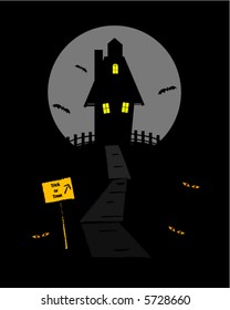Haunted house on hill with full moon and bats, vector.