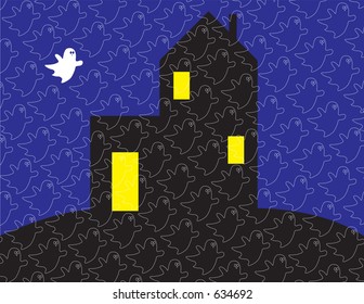 Haunted house on the hill with a ghost pattern in front of the house.