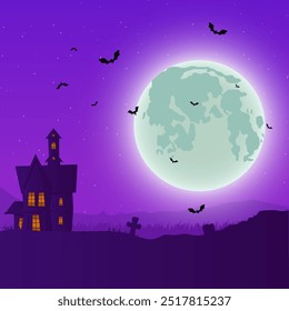 Haunted House On the Hill With Graveyard Silhouette Under Full Moon