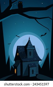 A haunted house on the hill with moon in background, Halloween cartoon illustration.