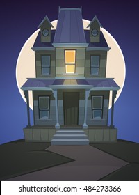 A haunted house on the hill with moon in background, Halloween cartoon illustration.