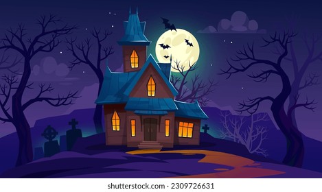 Haunted house on a hill at night with a bright full moon, dark blue sky, bats, trees, and tombstones in a graveyard. Creepy Halloween background for a holiday design. Cartoon vector illustration.