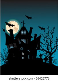 Haunted house on hill with spooky trees, moon and bats