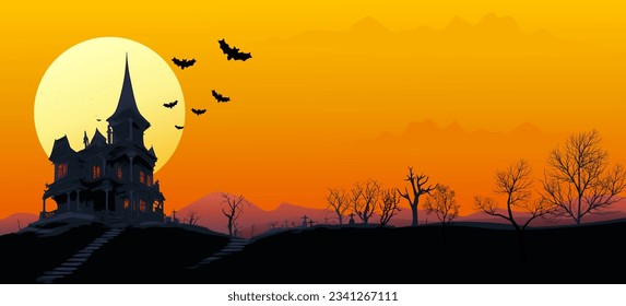Haunted house on a hill from which bats fly out with an orange sky in halloween colors and a yellow moon (landscape)