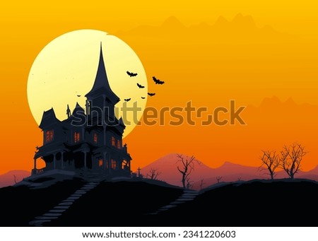 Haunted house on a hill from which bats fly out with an orange sky in halloween colors and a yellow moon