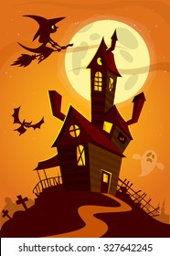 Haunted house on night background with a full moon behind. Vector Halloween illustration