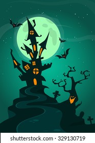 Haunted house on night background with a full moon behind - Vector Halloween illustration