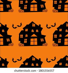 Haunted House on orange background seamless pattern for Halloween design