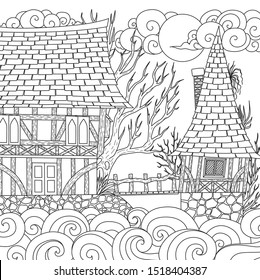 Haunted house the river  Happy Halloween Theme for printing  coloring book  laser cut   so on  Vector illustration