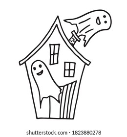 The haunted house.  One of them flies out of the chimney.  Another through an open door.  Vector illustration for the holiday Halloween.  Doodle style outline.