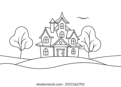 
Haunted house outdoors nature Continuous line art flat vector illustration on white background.