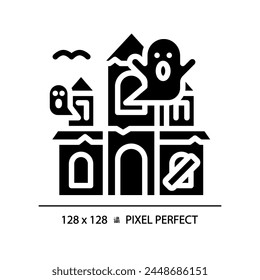 Haunted house pixel perfect black glyph icon. Halloween castle, thematical park attraction. Supernatural entertainment. Silhouette symbol on white space. Solid pictogram. Vector isolated illustration