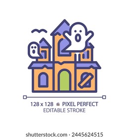 Haunted house pixel perfect RGB color icon. Halloween castle, thematical park attraction. Supernatural entertainment. Isolated vector illustration. Simple filled line drawing. Editable stroke