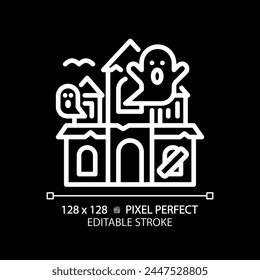 Haunted house pixel perfect white linear icon for dark theme. Thematical park attraction. Supernatural entertainment. Thin line illustration. Isolated symbol for night mode. Editable stroke