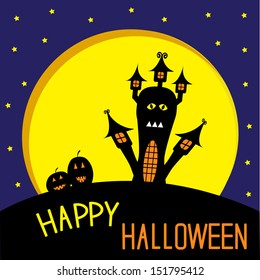 Haunted house, pumpkins and big moon. Starry night. Halloween card. Vector illustration.