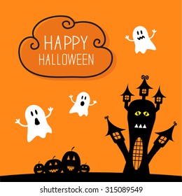 Haunted house, pumpkins and ghost. Cloud in the sky Halloween card. Orange background Flat design Vector illustration.