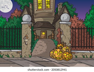 Haunted House With Pumpkins  Outside.