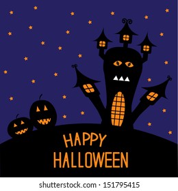 Haunted house and pumpkins. Starry night. Halloween card. Vector illustration.