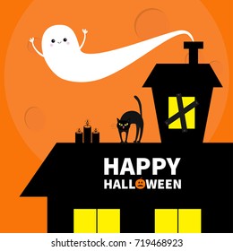 Haunted house roof attic loft. Light on boarded-up windows. Cat arch back. Flying ghost. Pumpkin Candles. Happy Halloween. Big moon Funny cartoon character Orange background. Flat design Vector