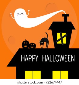 Haunted house roof attic loft. Light on boarded-up windows. Cat arch back. Flying ghost. Pumpkin. Happy Halloween. Big moon