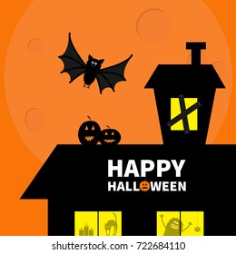 Haunted house roof attic loft. Light on boarded-up windows. Cat arch back. Flying bat. Monster spider Pumpkin Candle. Happy Halloween. Big moon Funny cartoon character Orange background. Flat Vector