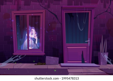 Haunted house with sad ghost sit in darkness behind of window. Scary abandoned old building exterior with dead woman spirit inside, cracked wall and door. Halloween spooky Cartoon vector illustration