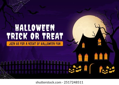 Haunted house with scary pumpkin, trees and moon. Halloween trick or treat background in flat design