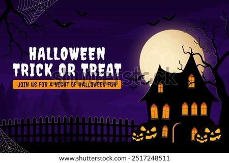 Haunted house with scary pumpkin, trees and moon. Halloween trick or treat background in flat design