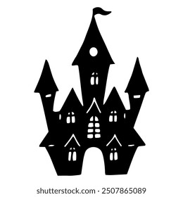 Silueta de la casa embrujada. Dibujo de contorno en blanco y negro para Halloween. Dibujado a mano Clipart gráfico aislado. Boceto de línea con mansión para decoración espeluznante y diseño de invitación. Estilo Doodle.