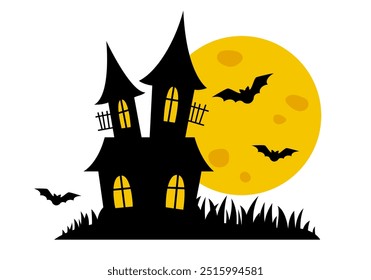 Haunted house. Silhouette of a castle against the background of an orange moon. Illustration for halloween.